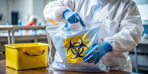 Gloved hands carefully place contaminated medical equipment in a biohazard bag for decontamination, emphasizing the