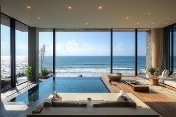 luxurious seaside hotel suite with panoramic ocean view modern minimalist decor floortoceiling windows private balcony with infinity pool edge
