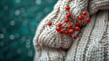 Close-up of red berries on a knitted white sweater against a blurry teal background.