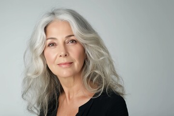 A woman with long gray hair is smiling for the camera. She is wearing a black shirt and she is happy