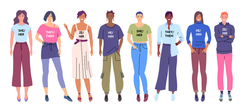 Cartoon Color Characters People and Gender Pronouns LGBTQ Community Gender Neutral Movement Concept Flat Design Style. Vector illustration