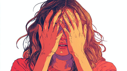 a portrait of a woman covering her face with her hands, scared, anxious fearful female anxiety comic book illustration cartoon style digital painting illustration traumatized girl