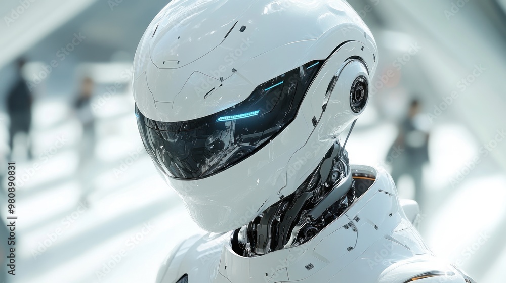 Poster futuristic humanoid robot with sleek design and glowing features.