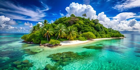 Glistening turquoise waters lap against pristine white sands, where lush greenery thrives beneath a subtropical sky,