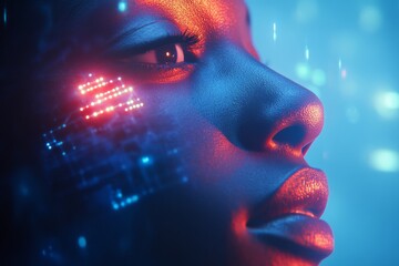 Futuristic woman’s profile with digital facial patterns symbolizing artificial intelligence cognitive interaction and the enhancement of human cognition through neural augmentation