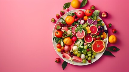 Sumptuous Seasonal Produce Artfully Arranged on Sleek Porcelain Plate Against Vibrant Backdrop