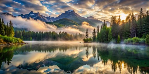 Fototapeta premium Ethereal mist envelops a serene lake, surrounded by lush forest, set against a majestic mountain backdrop, evoking a sense of enchantment and mystique.