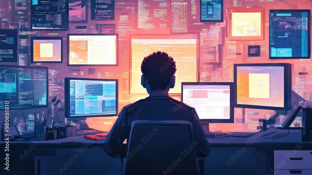 Poster a tech-savvy portrait of a person surrounded by computers and screens, immersed in technology and in