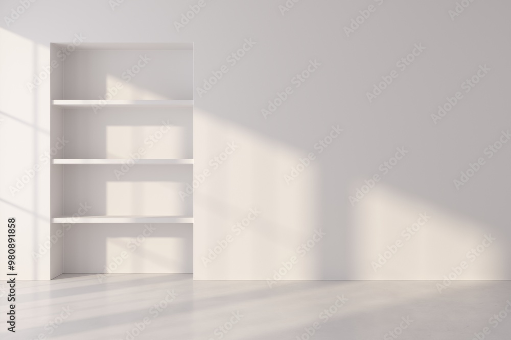 Poster empty shelf with white wall and concrete floor for products presentation or text for advertising, ev