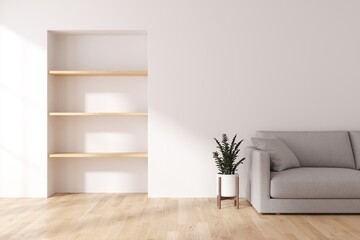 Cozy interior of living minimal style with empty shelf for products presentation or text for advertising, event or promotion. 3d rendering