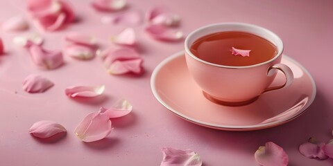 Vintage Ceramic Teacup and Saucer with Delicate Rose Petal Tea on Muted Lavender Background
