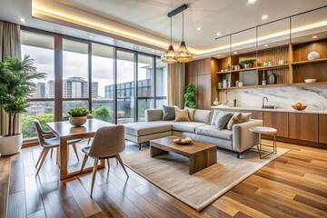 Gorgeous modern two-bedroom flat interior showcasing sleek contemporary decor, ample natural light, and harmonious
