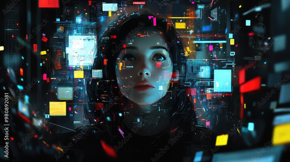 Poster a tech-savvy portrait of a person surrounded by computers and screens, immersed in technology and in