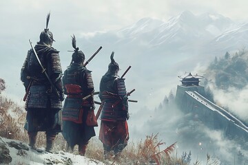 Naklejka premium Samurai Warriors Gaze Upon a Foggy Mountain Fortress.
