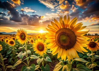 Obraz premium Golden petals sway gently in the warm breeze, a field of sunflowers dancing in nostalgia, their bright yellow