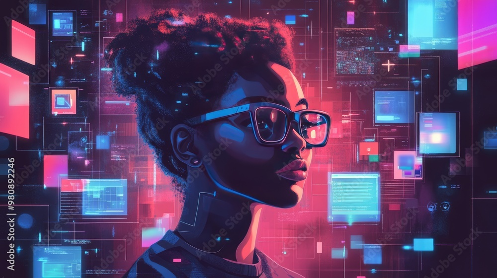Poster a tech-savvy portrait of a person surrounded by computers and screens, immersed in technology and in