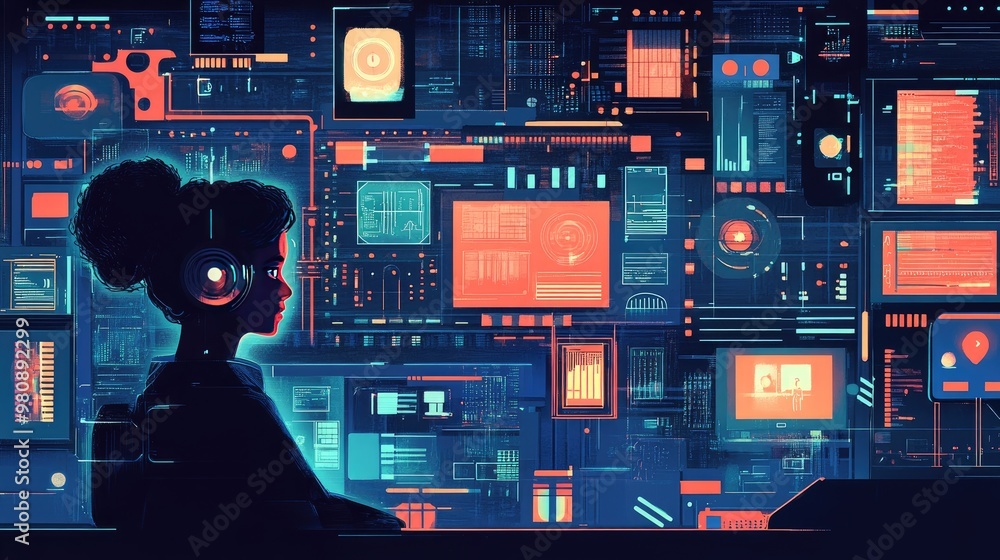 Poster a tech-savvy portrait of a person surrounded by computers and screens, immersed in technology and in