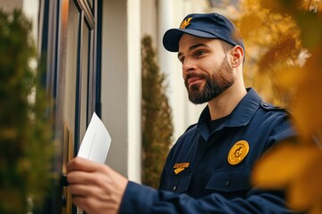 Obraz premium Postman delivering mail at front door