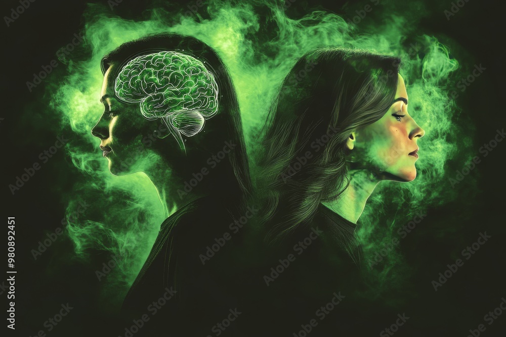 Poster dual faced silhouettes illuminated by glowing brain structures with green neural energy showcasing c