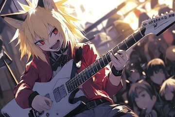 Obraz premium Fiery-Haired Guitarist Rocks Out on Stage.