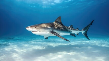 Fototapeta premium A tiger shark swims majestically near the ocean floor, its sleek body and bold stripes visible against the sandy bottom