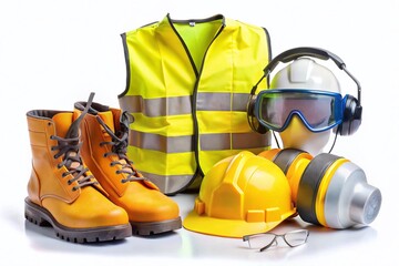 Hard hat, safety glasses, earplugs, respirator, steel-toed boots, and high-visibility vest laid out on a white