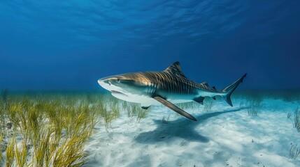 Fototapeta premium A tiger shark moves gracefully near the seabed, its striking stripes and strong presence dominating the underwater scene.