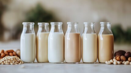 Bottles of various nut milk types on table