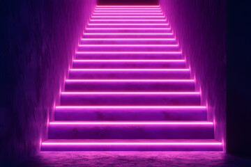 Obraz premium A vibrant staircase illuminated with pink neon lights, creating a dynamic and stylish aesthetic for modern imagery.