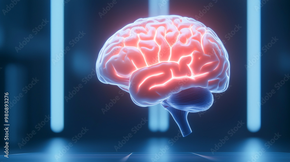 Poster a vibrant, glowing brain in a futuristic setting, showcasing neural pathways and technology in a cap