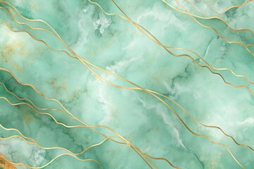 Obraz premium Soft pastel green aquamarine background illustration features golden lines and liquid fluid marbled paper texture, evoking a sense of serene elegance and sophistication.