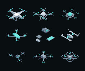 Color Unmanned Aerial Vehicles Set 3D Isometric View. Vector illustration of Drone with Camera for Monitoring and Control