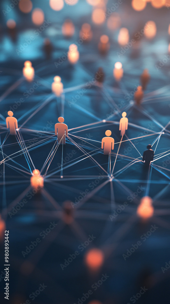 Poster global communication and teamwork represented by a network connecting people figurines together