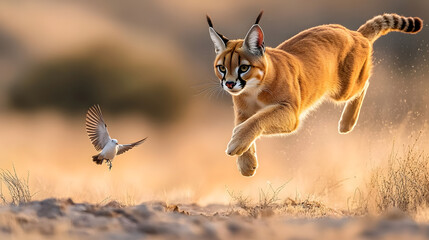 Obraz premium A caracal leaps through the air to catch a bird.