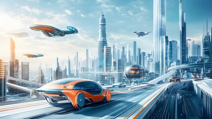 Obraz premium Detailed illustration of a futuristic city skyline with flying cars and automated roads, hyper-real, sharp, high-quality transportation system
