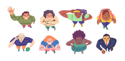 Naklejka premium Cartoon Color Overhead Characters People Looking Up Concept Flat Design Style Top Down View. Vector illustration