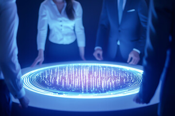 Business professionals interacting with a futuristic digital interface, showcasing data visualization and teamwork.