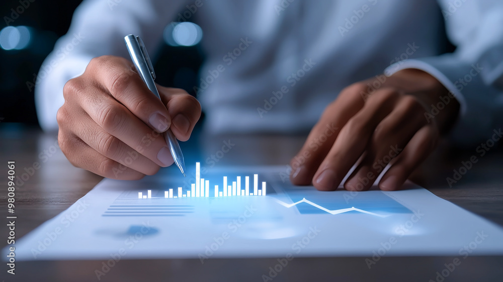 Poster close-up of a professional analyzing data with graphs on paper, highlighting financial performance a