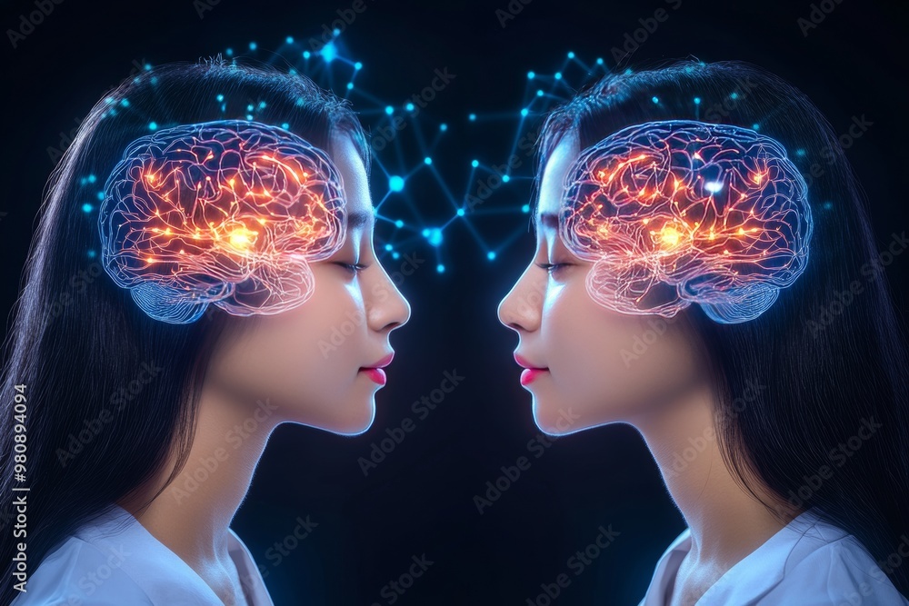 Aufkleber two mirrored female faces with neural imagery connecting their brains depicting telepathy mental com