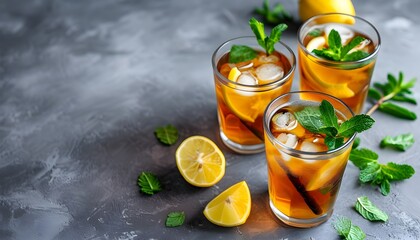 Refreshing iced tea served with lemon wedges and mint leaves on a stylish gray backdrop