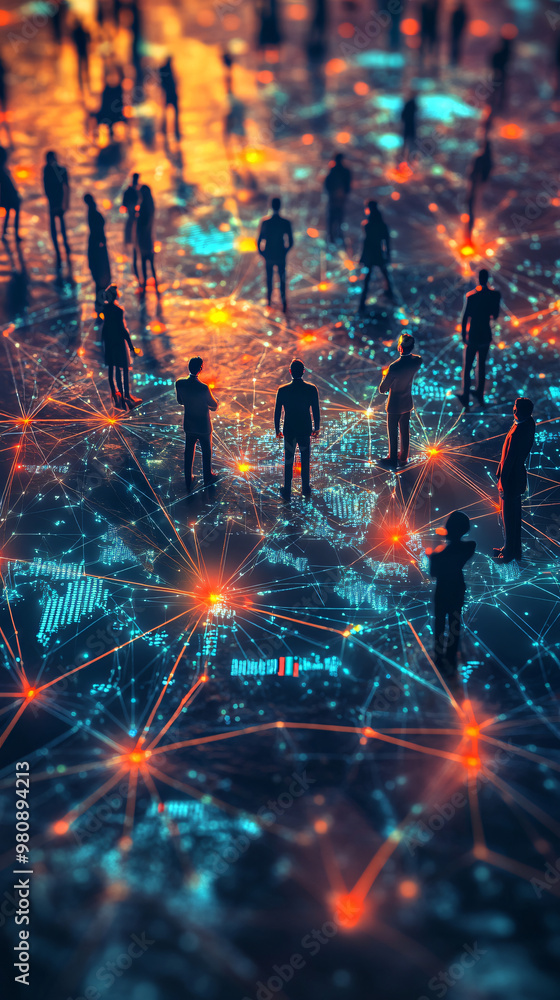 Poster business people connecting on a global network map with glowing lines and data points