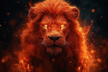 Naklejka premium majestic fire lion with flowing mane of flames intense gaze piercing through swirling embers powerful stance radiating heat and strength against dark smoky background