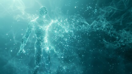 Abstract digital blue human body with polygonal wireframe silhouette and low poly dot anatomy. Technology futuristic man model.