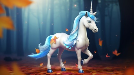 Naklejka premium A magical unicorn with a shimmering mane walks through an enchanted forest filled with autumn leaves and soft, ethereal light.