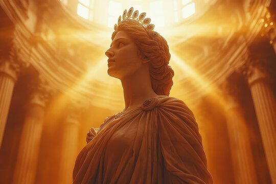majestic marble statue of hera regal pose flowing drapery crown of peacock feathers warm golden light classical greek temple setting