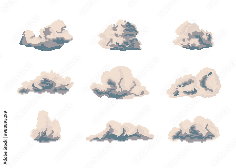 Poster cartoon color pixelated 8 bit clouds set game concept flat design style. vector illustration of flyi