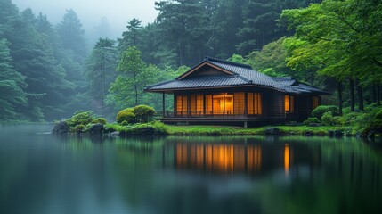 Fototapeta premium Japanese town house with a magnificent view, Japanese culture and architecture, a life intertwined with nature