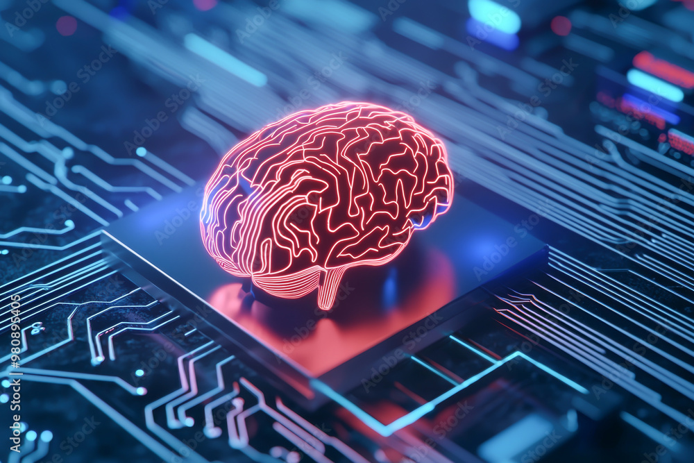 Poster futuristic brain design on a digital circuit board, representing the intersection of technology and 