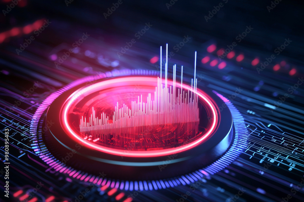 Poster futuristic digital background with vibrant waveforms, showcasing technology and innovation in a capt