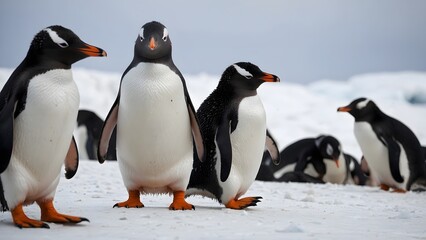 Obraz premium Gentoo Penguins Congregating on Icy Terrain in Antarctica During the Midday Sun